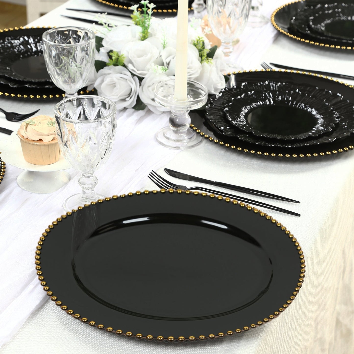 10-Pack Economy Round Plastic Charger Plates 13" in Black with Gold Beaded Rim, Stylish Dinner Party Serving Plates