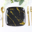 10-Pack Plastic 8" Square Dessert Plates in Black with Gold Marble Design - Disposable Appetizer Salad Party Plates