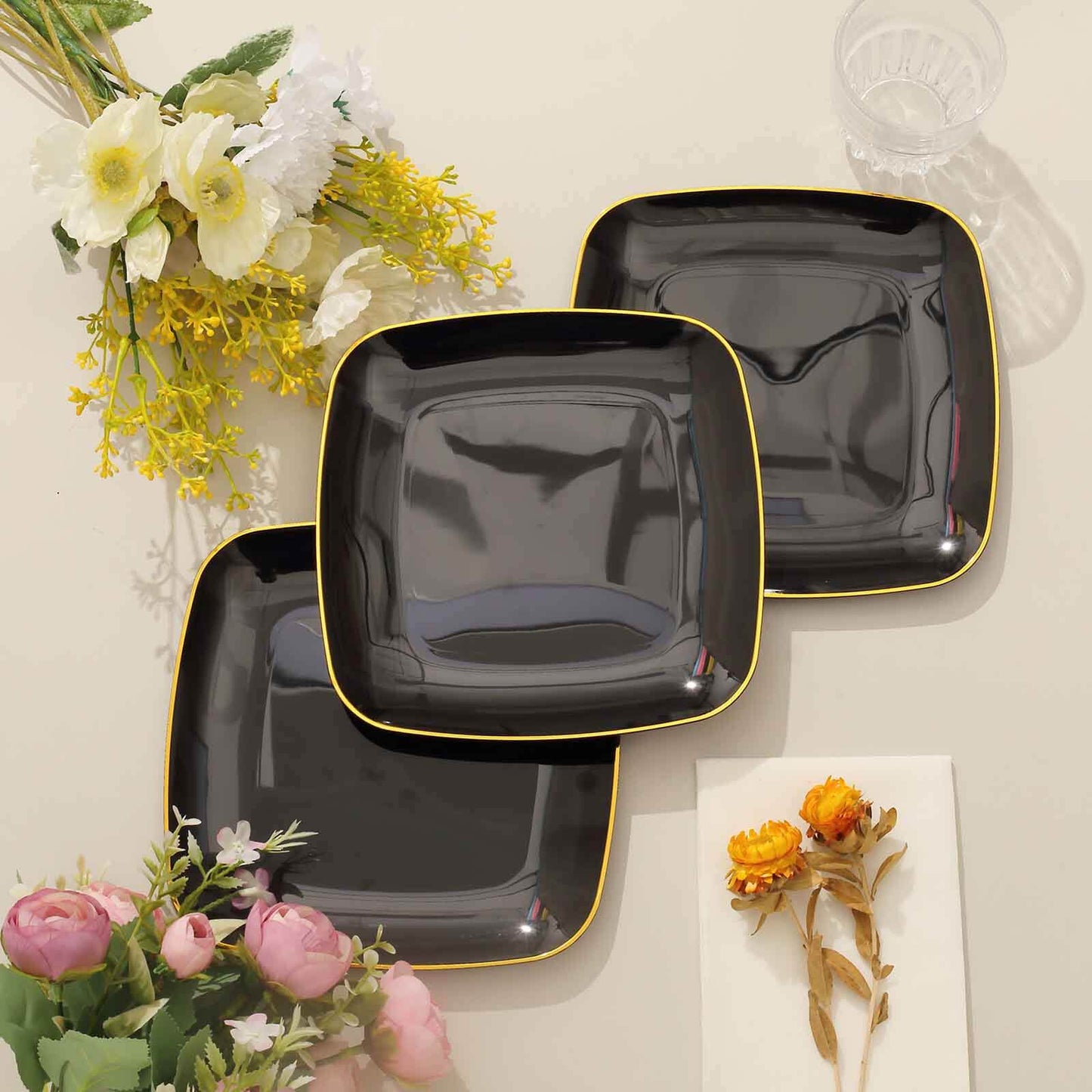 10-Pack Plastic 7" Square Dessert Plates in Black with Gold Rim - Classy Disposable Appetizer Salad Plates