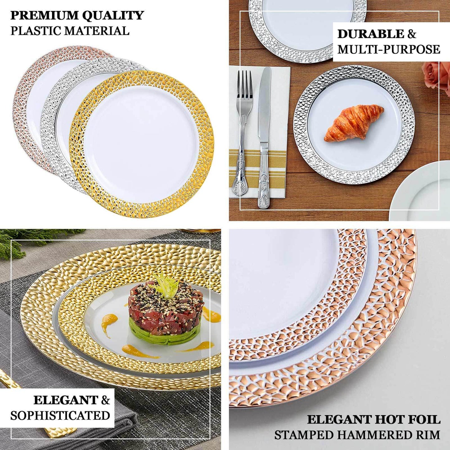10-Pack Plastic 10" Round Dinner Plates in Opaque Black Hammered Design with Gold Rim - Disposable Party Plates for Chic Banquets & Special Occasions
