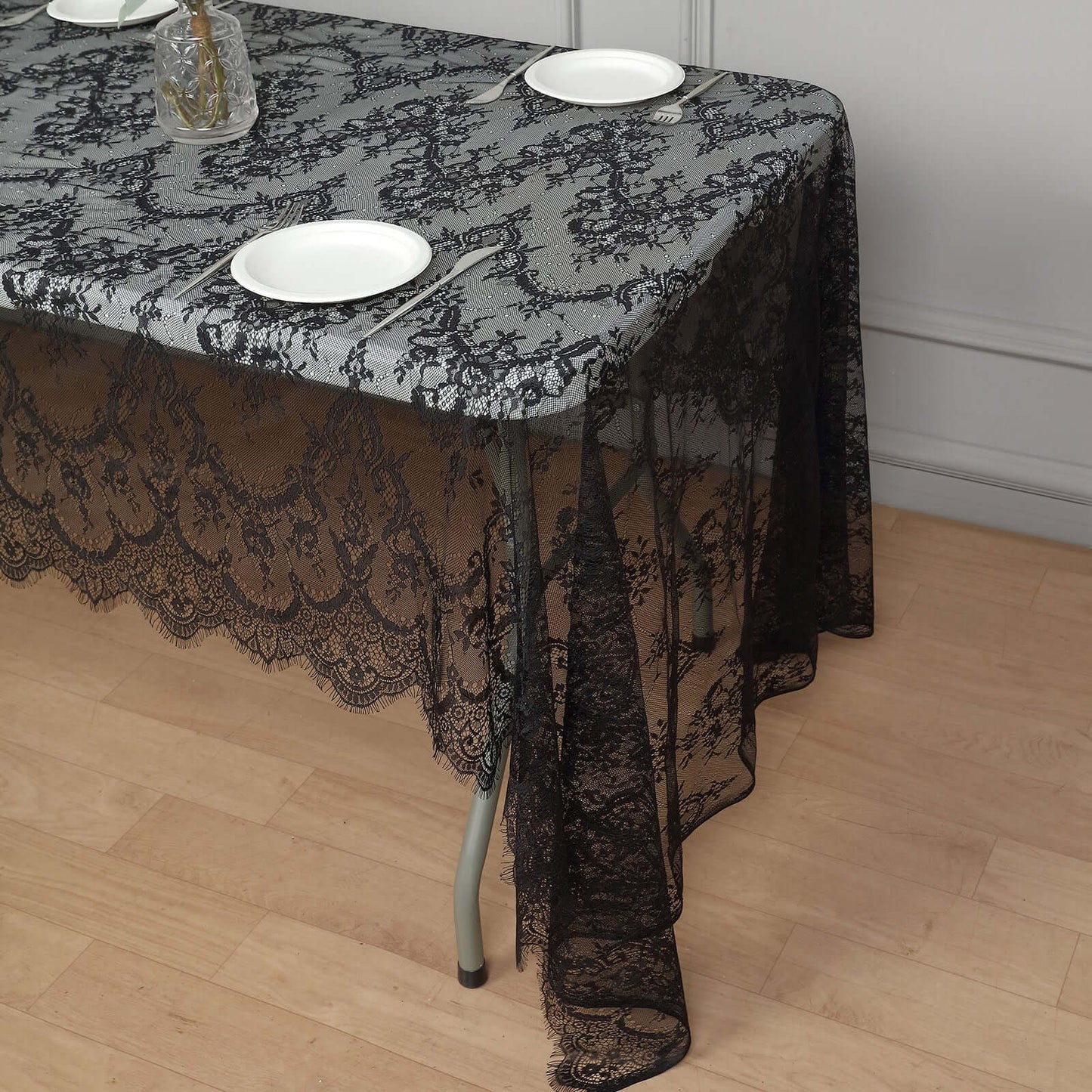 Lace 60"x120" Rectangle Tablecloth Black - Vintage Lace Design with Scalloped Frill Edges