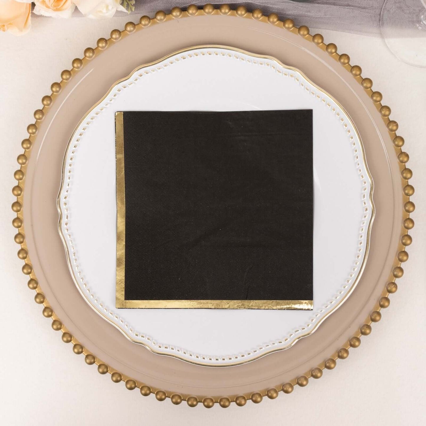 50-Pack Paper Beverage Napkins with Gold Foil Edge Black - Disposable 2 Ply Cocktail Napkins for Events 6.5"x6.5"