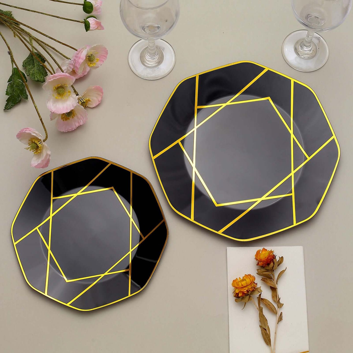 10-Pack Plastic 8" Octagon Dessert Plates in Black - Modern Disposable Salad/Appetizer Plates with Gold Geometric Design for Special Occasions & Celebrations