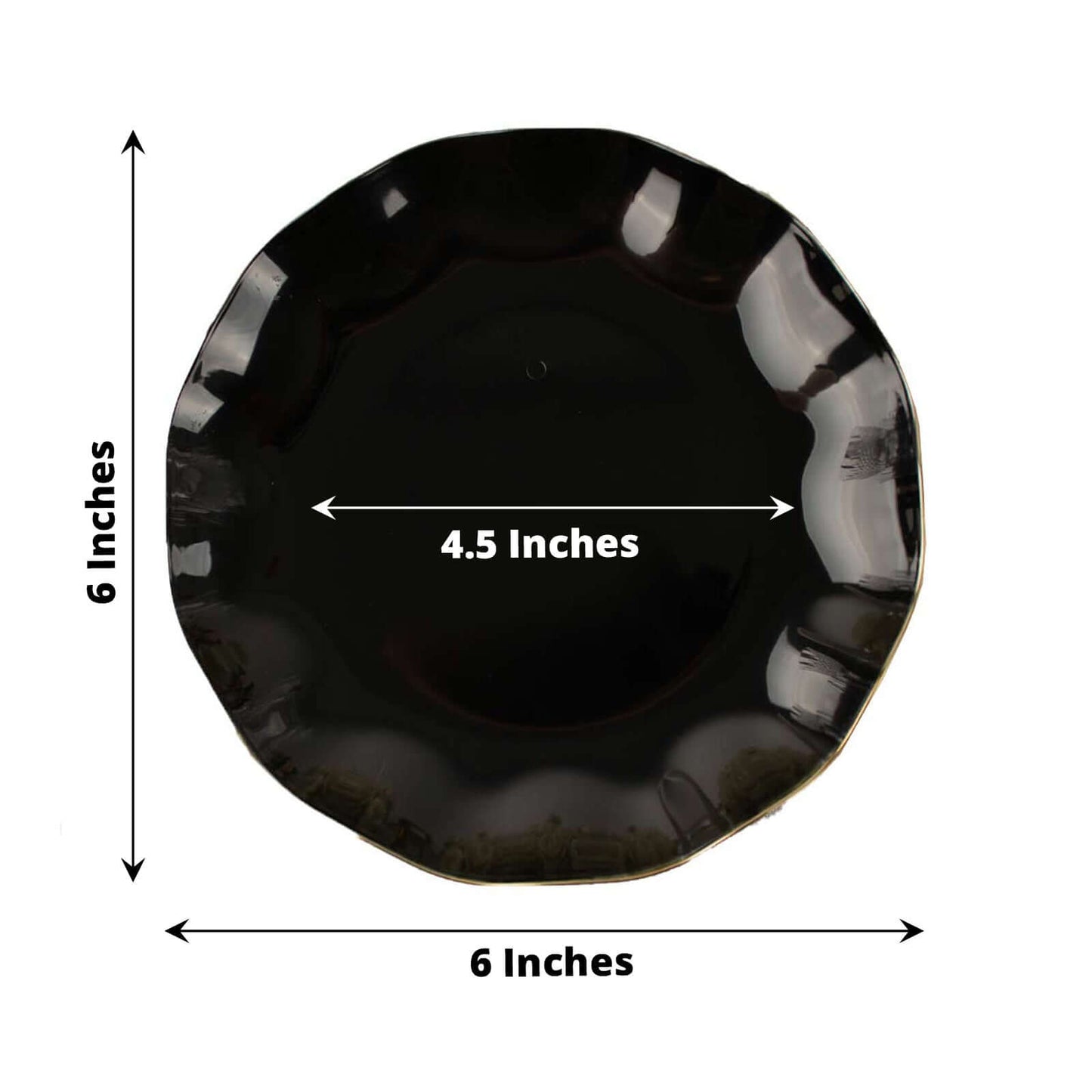 10-Pack Plastic Round 6" Dessert Plates in Black Ruffled Rim with Gold Edging - Sturdy Disposable Salad Appetizer Dinnerware