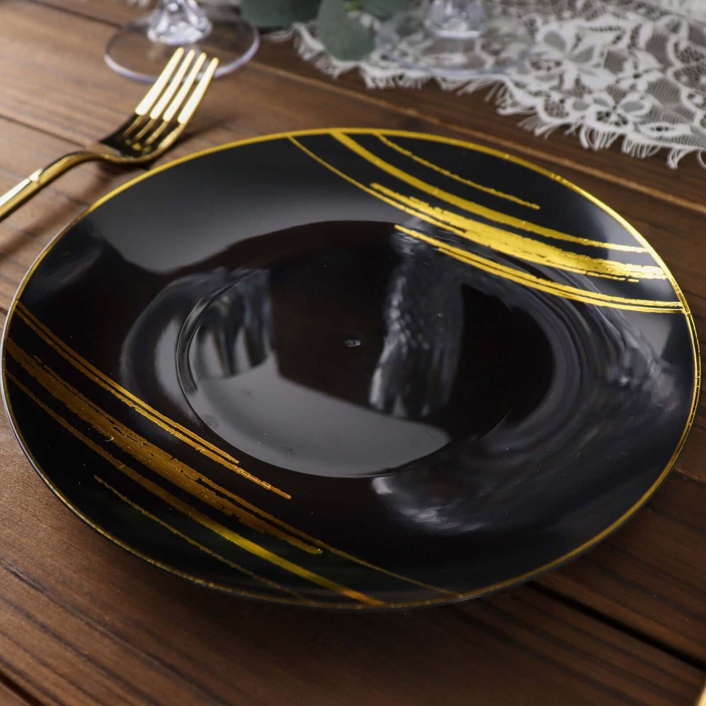 10-Pack Plastic 7" Round Dessert Plates in Black with Gold Brush Stroked Print - Disposable Appetizer Salad Plates for Modern Themed Events & Banquets