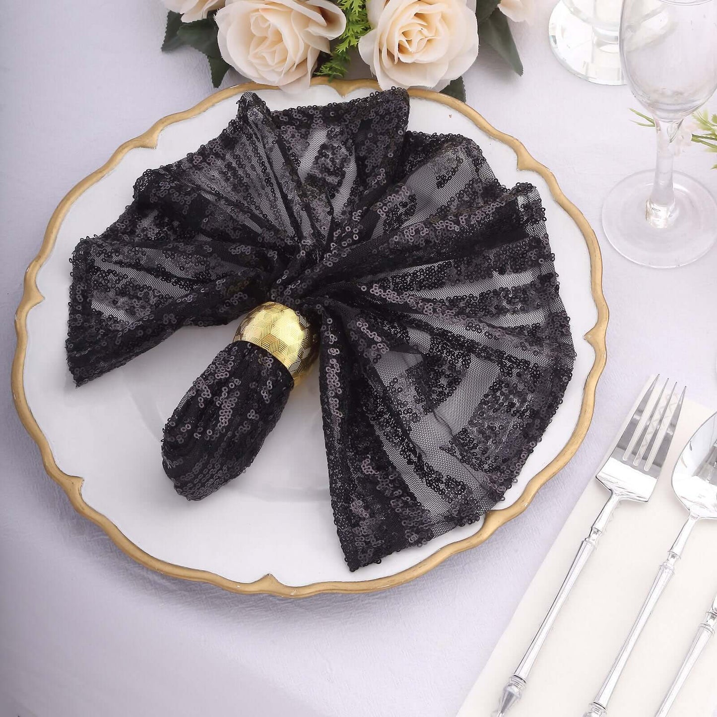 Sequin Napkins 20"x20" Black - Diamond Pattern Reusable Napkin