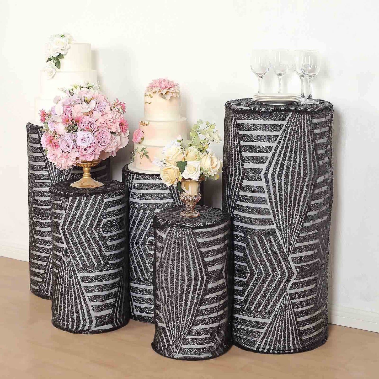 Set of 5 Black Sequin Mesh Cylinder Pedestal Stand Covers with Geometric Pattern Embroidery, Sparkly Sheer Tulle Pillar Prop Covers