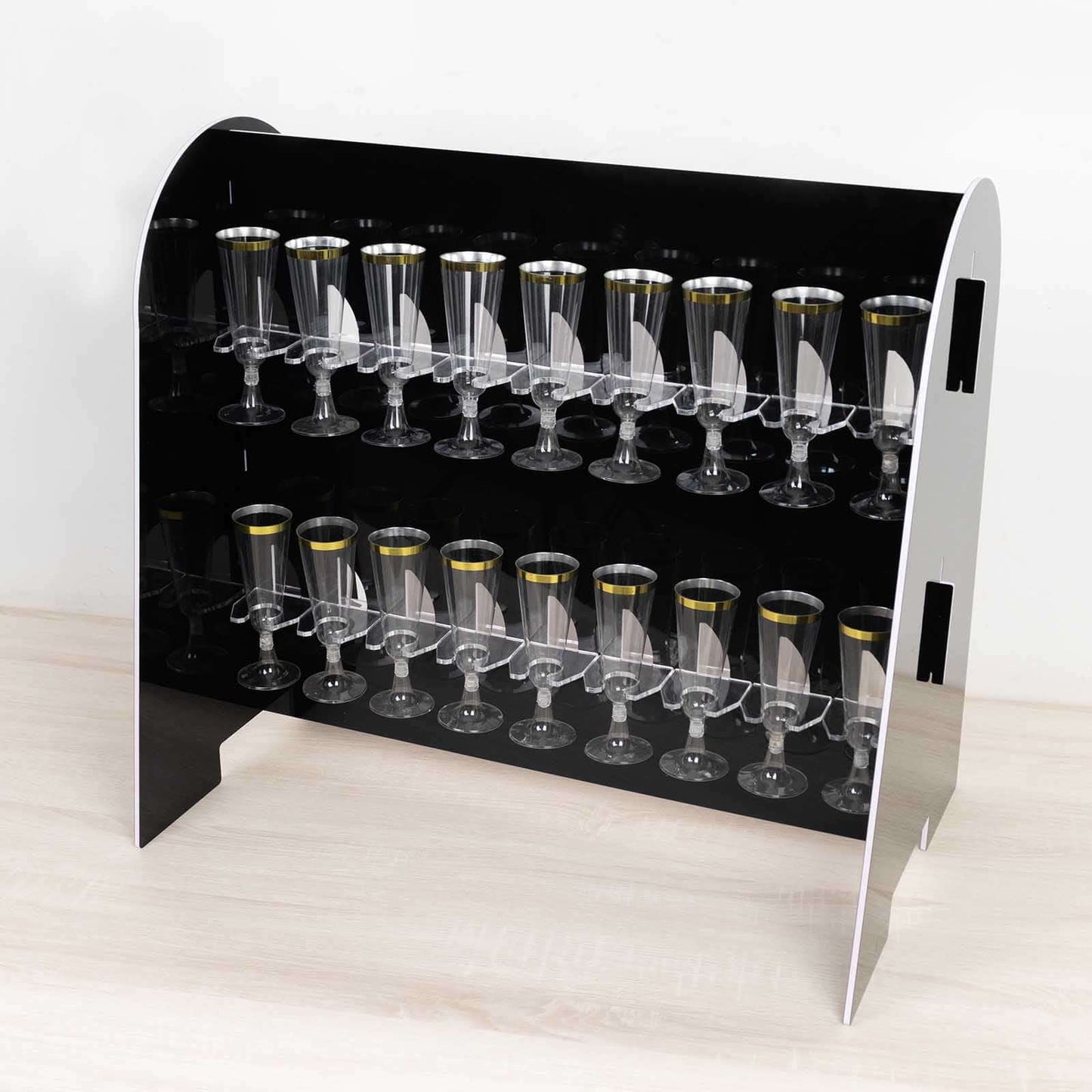 2-Tier Champagne Glass Holder Display Stand Table Top in Glossy Black - Modern Stemware Rack Cocktail Drink Holder with 18 Hooks for Events & DIY Bars 25"