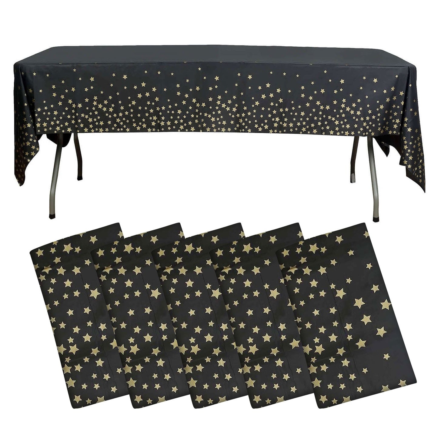 5-Pack Plastic Table Covers Black Rectangle with Gold Stars - Decorative PVC Disposable Tablecloths 54"x108"