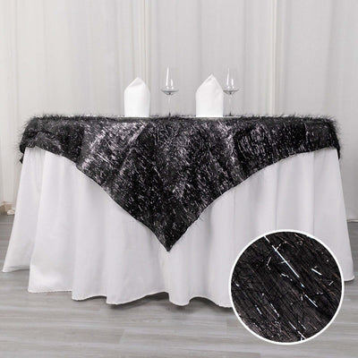 Polyester 72"x72" Table Overlay Square Tablecloth Black - Metallic Fringe Shag Tinsel Table Cover