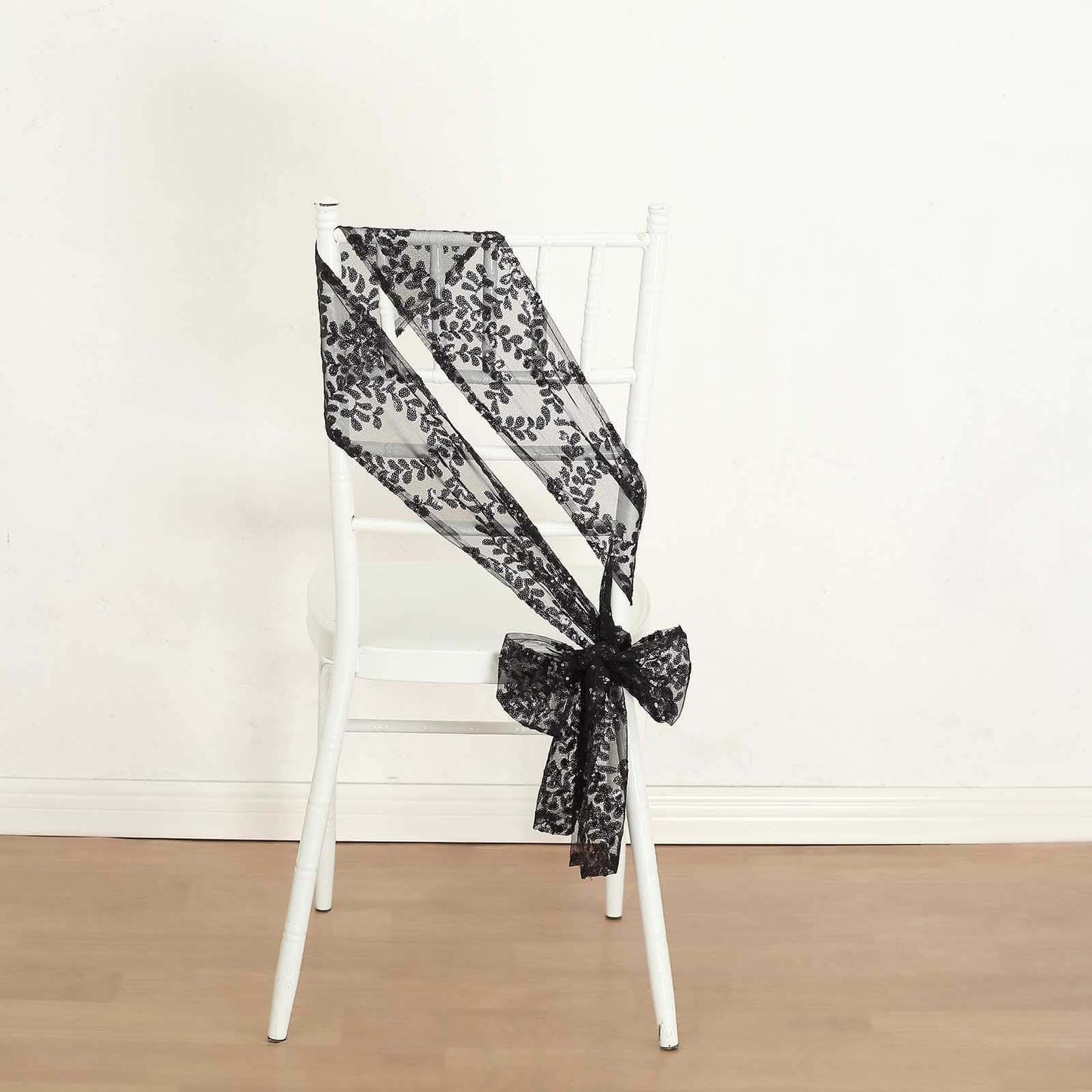 5 Pack Tulle Chair Sashes with Leaf Vine Embroidered Sequins Black 6"x88"