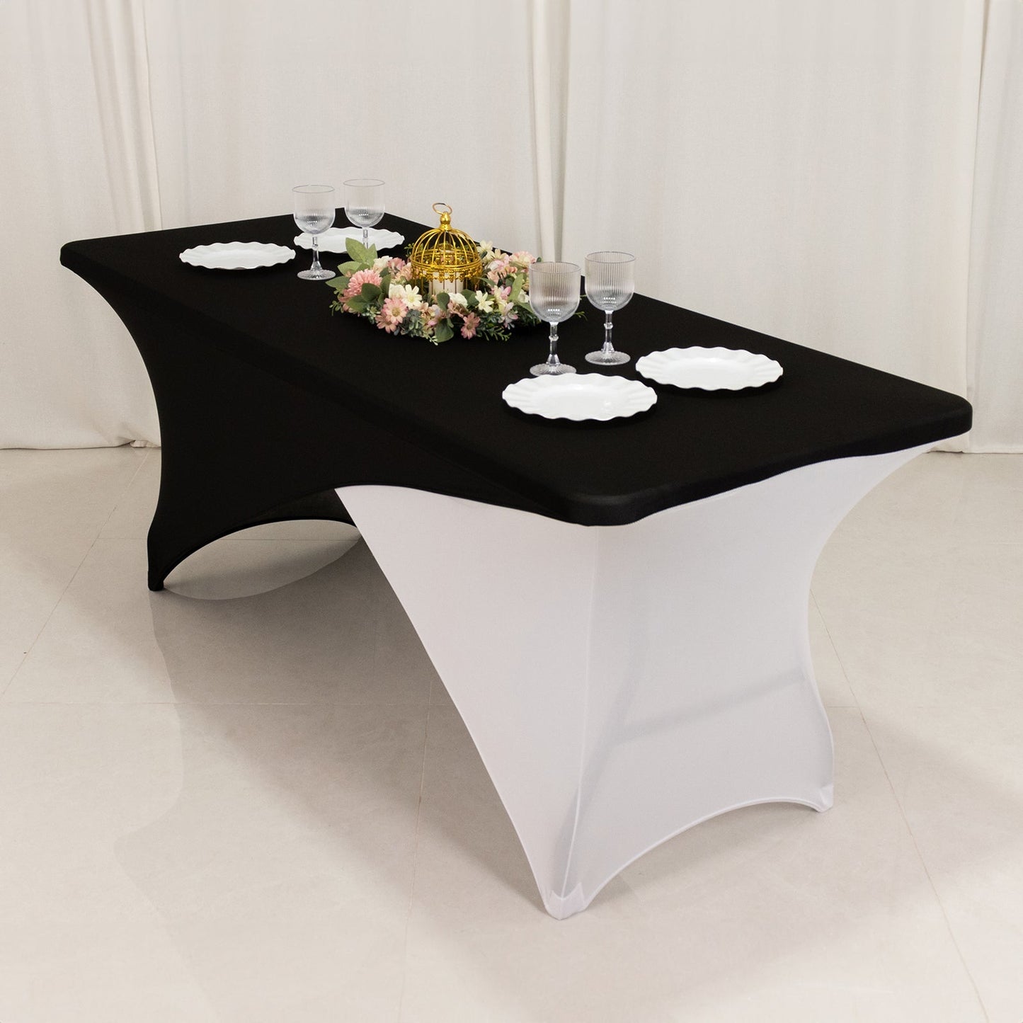 Stretch Spandex 72"x30" Rectangle Table Cover Black/White Cross Over Design - Versatile & Sleek Two-Piece Fitted Tablecloth with Elastic Foot Pockets