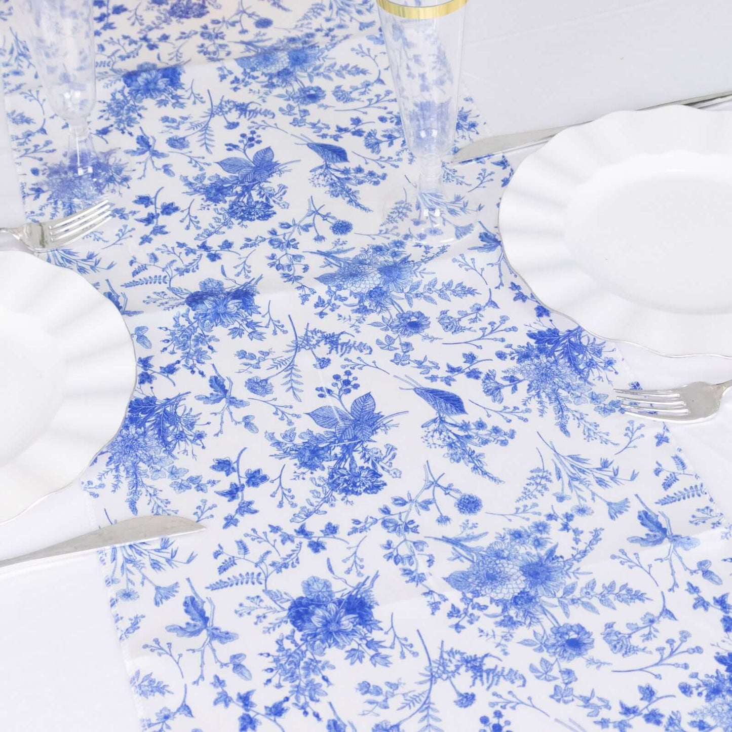Satin 12"x108" Table Runner White with Blue French Toile Floral Pattern - Refined Style for Upscale Events