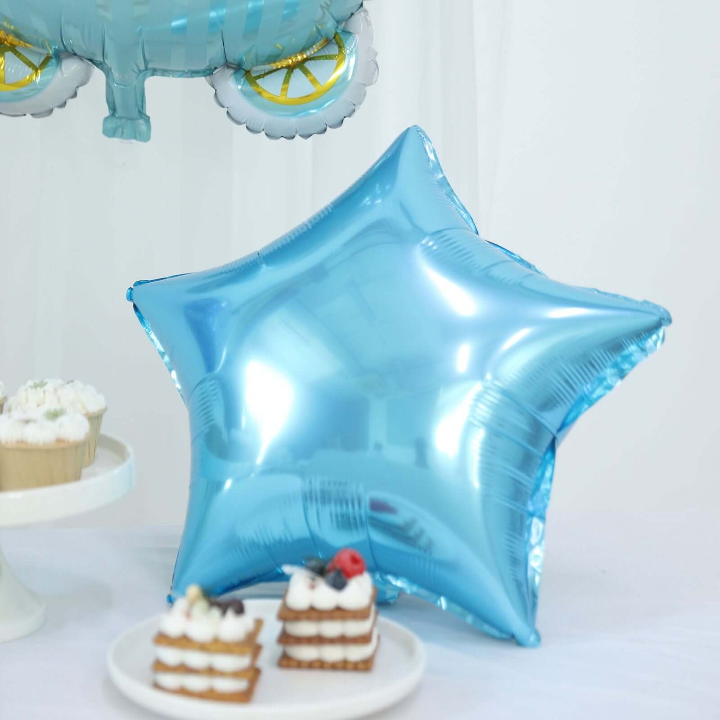 Set of 5 Blue White Boy Baby Shower Mylar Foil Balloon Set, Star, Round and Baby Carriage Balloon Bouquet With Ribbon, Gender Reveal Party Decorations