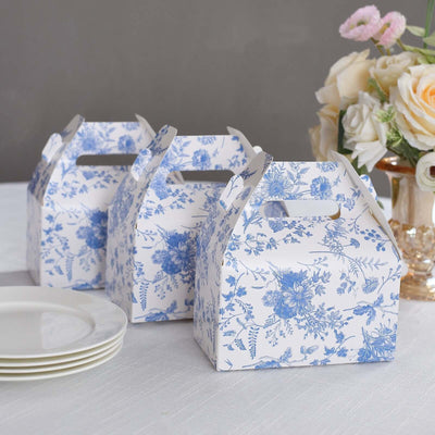 25 Pack White Blue Candy Gift Tote Gable Boxes in French Toile Pattern, Party Favor Treat Boxes - 6"x3.5"x7"