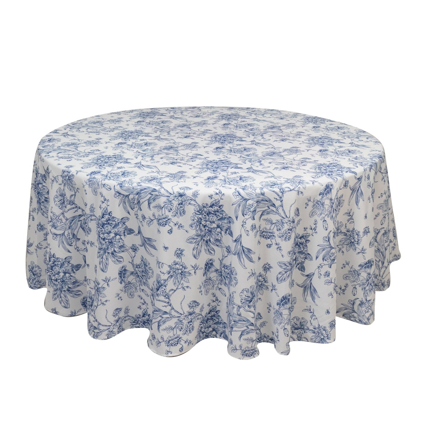Polyester 108" Round Tablecloth White - Blue French Toile Pattern for Chic Weddings