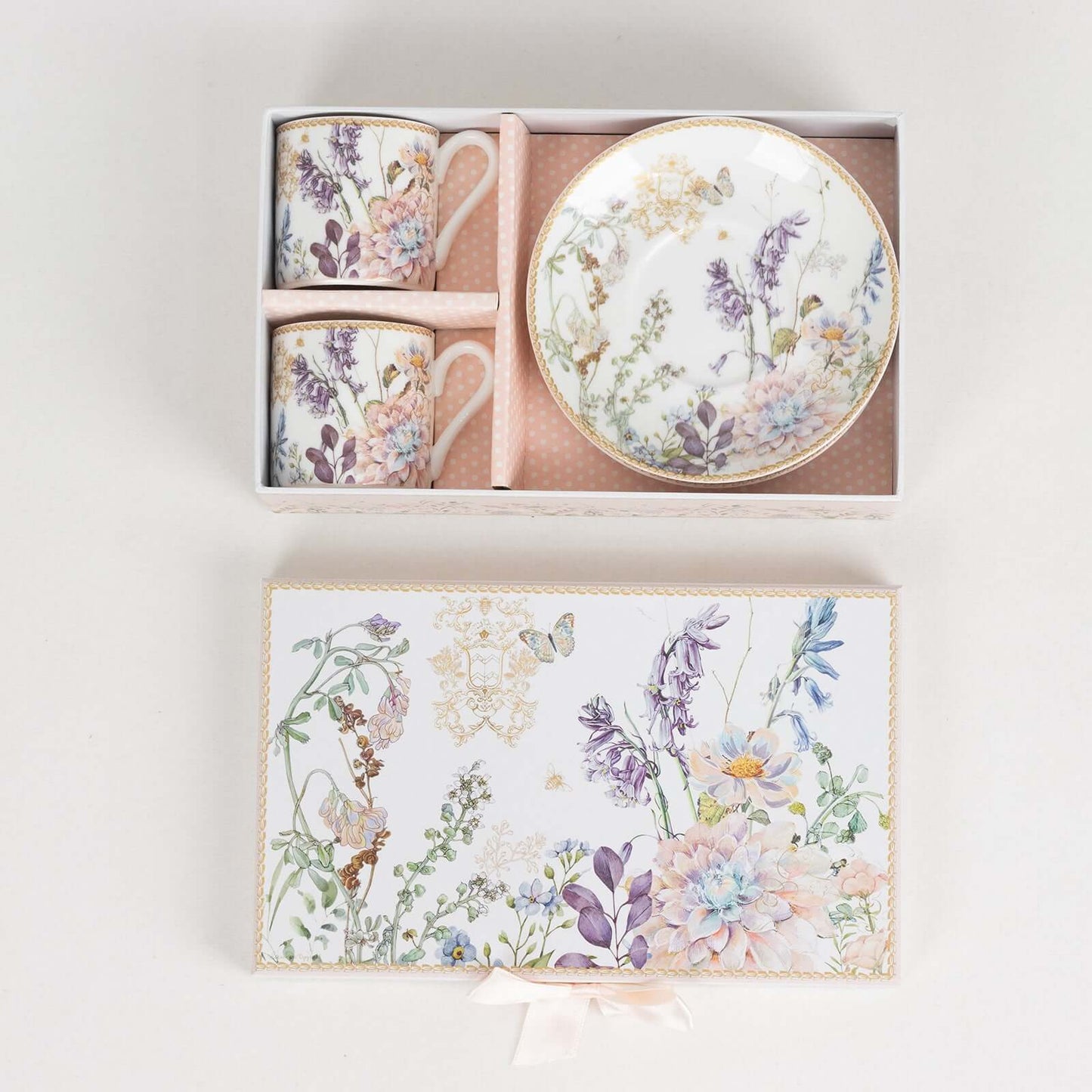 Blush Floral Design Bridal Shower Gift Set, Set of 2 Porcelain Espresso Cups and Saucers with Matching Keepsake Box
