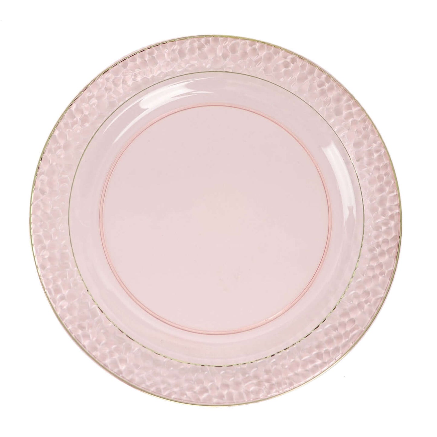 10-Pack Plastic 10" Round Dinner Plates in Blush Hammered Design with Gold Rim - Disposable Party Plates for Chic Banquets & Special Occasions