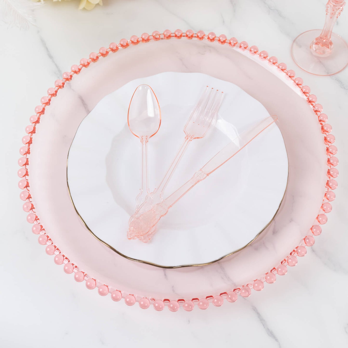 72 Pcs Plastic Silverware Set in Baroque Style Transparent Blush - Heavy Duty Disposable Knife, Fork, and Spoon Set