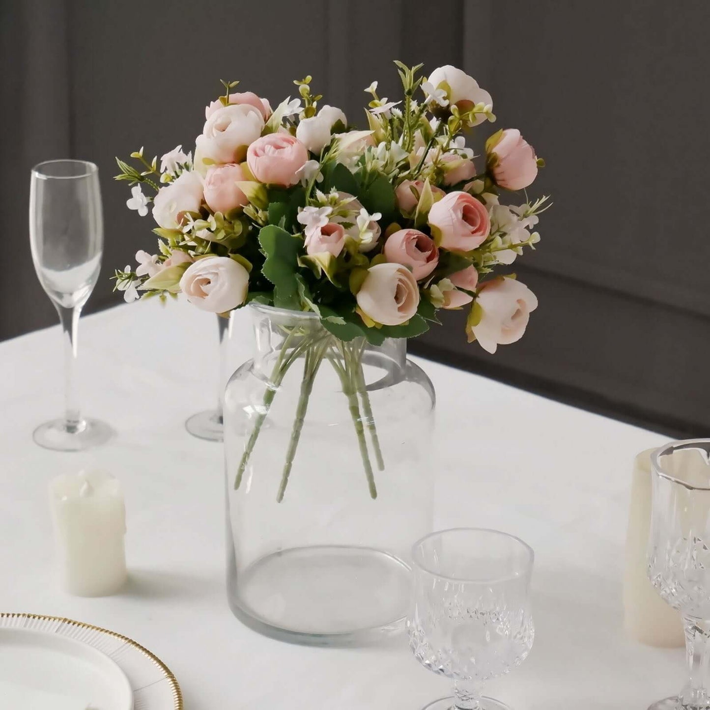 4 Pack 12" Artificial Blush Ranunculus Silk Flower Bridal Bouquets, Faux Buttercup Floral Arrangement