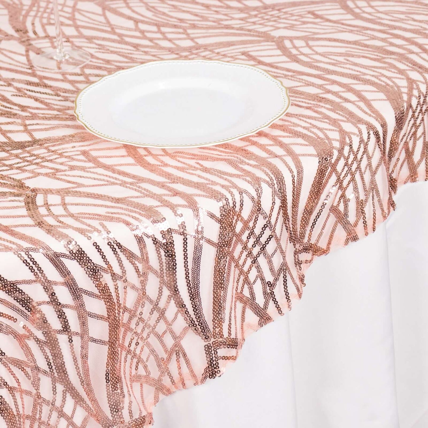 Mesh 72"x72" Table Overlay Square Tablecloth Blush - Wave Embroidered Sequins Table Topper