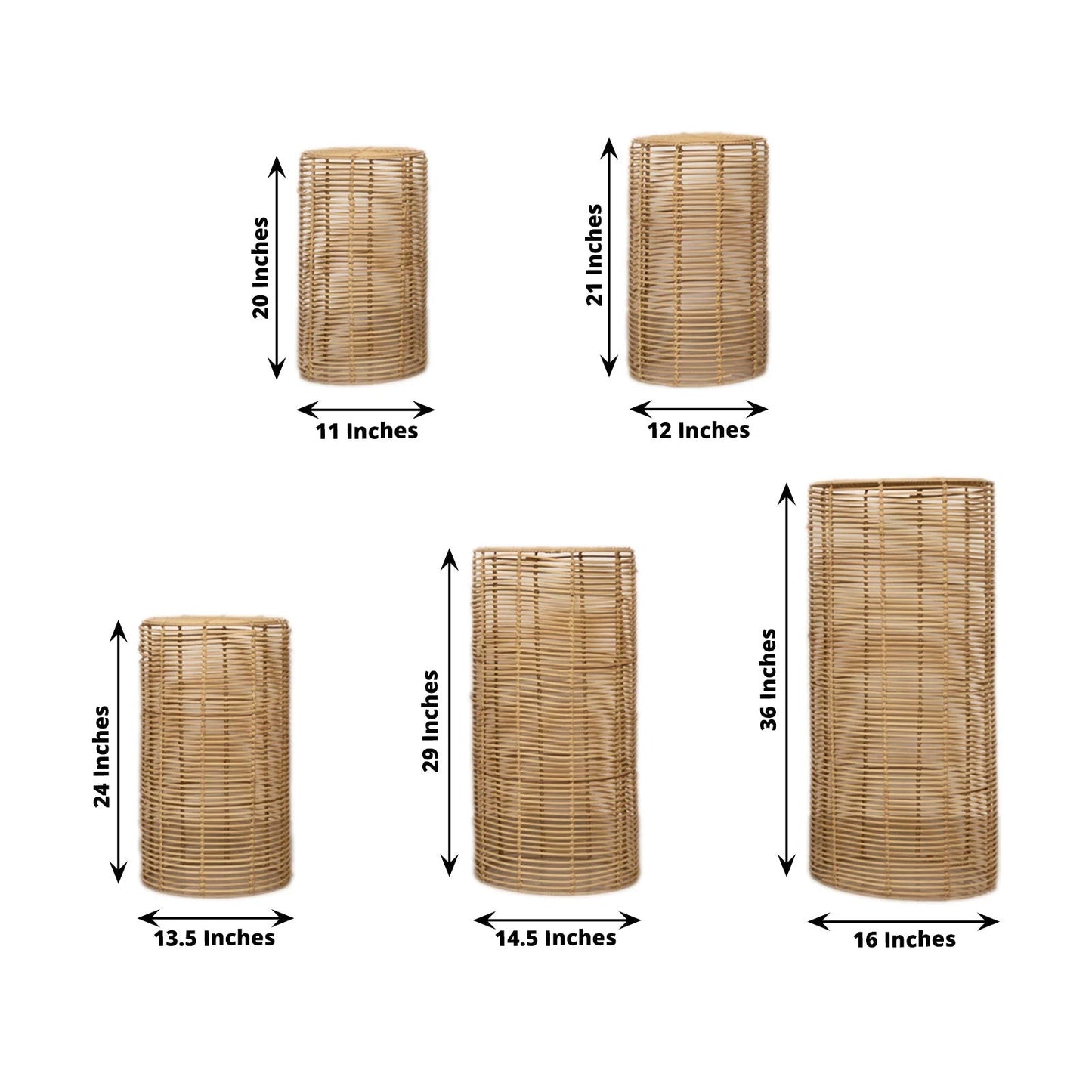 Set of 5 Natural Woven Rattan Wicker Pedestal Stands, Boho Chic Side Table Cylinder Cake Dessert Plant Display Stands - 20",21",24",29",36"