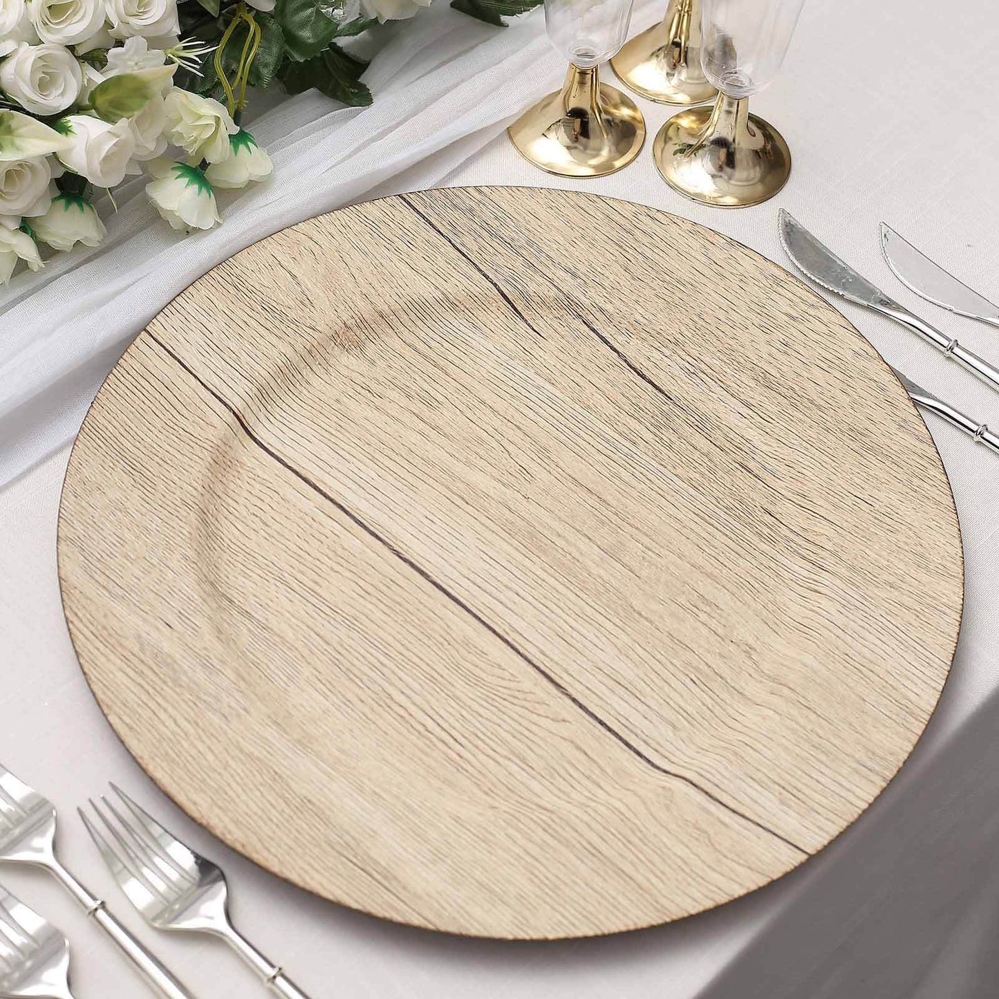 6-Pack Plastic Round Charger Plates 13" in Natural with Faux Wood Finish, Rustic Boho Chic Dinner Party Charger Tableware