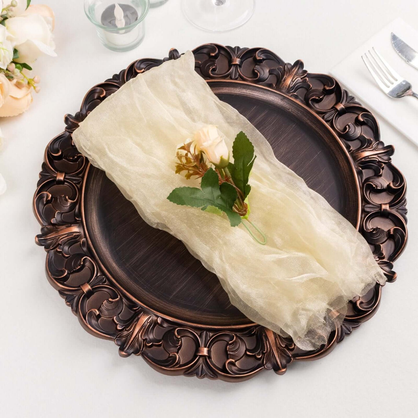 5 Pack Crinkled Organza 21"x21" Napkins Champagne - Rustic Style Dinner & Party Napkins