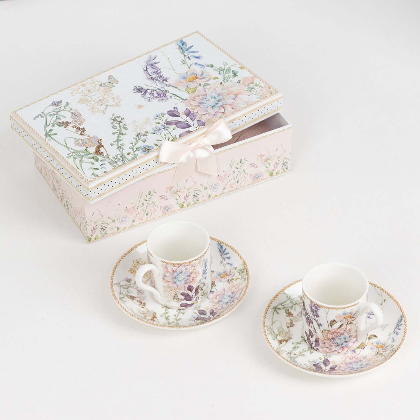 Blush Floral Design Bridal Shower Gift Set, Set of 2 Porcelain Espresso Cups and Saucers with Matching Keepsake Box
