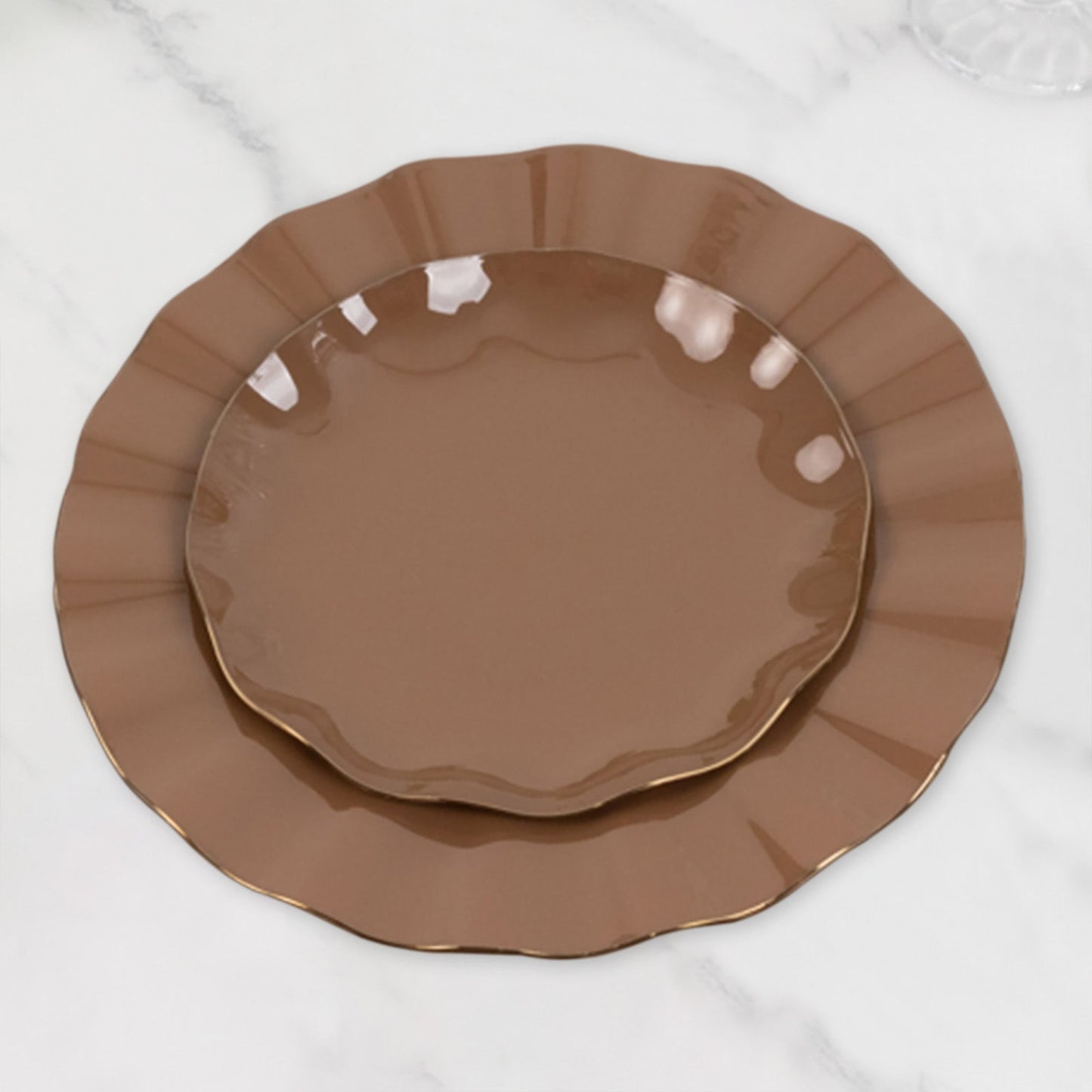 10-Pack Plastic Round 6" Dessert Plates in Coffee Brown Ruffled Rim with Gold Edging - Sturdy Disposable Salad Appetizer Dinnerware