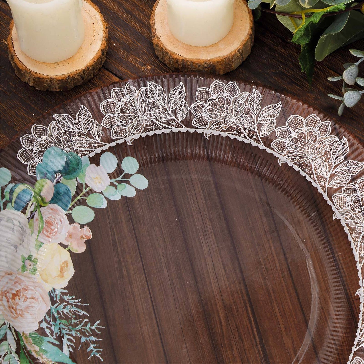 25-Pack Paper 10" Round Dinner Plates in Brown Wood Print with Floral Lace Rim - Disposable Party Plates for Farmhouse Weddings & Rustic Themes