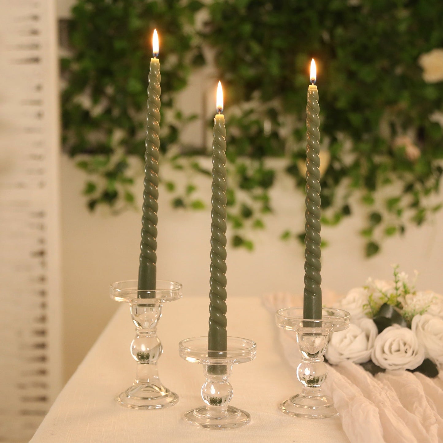 12 Pack 11" Dusty Sage Green Premium Unscented Spiral Wax Taper Candles, Long Burn Wick Dinner Candle Sticks