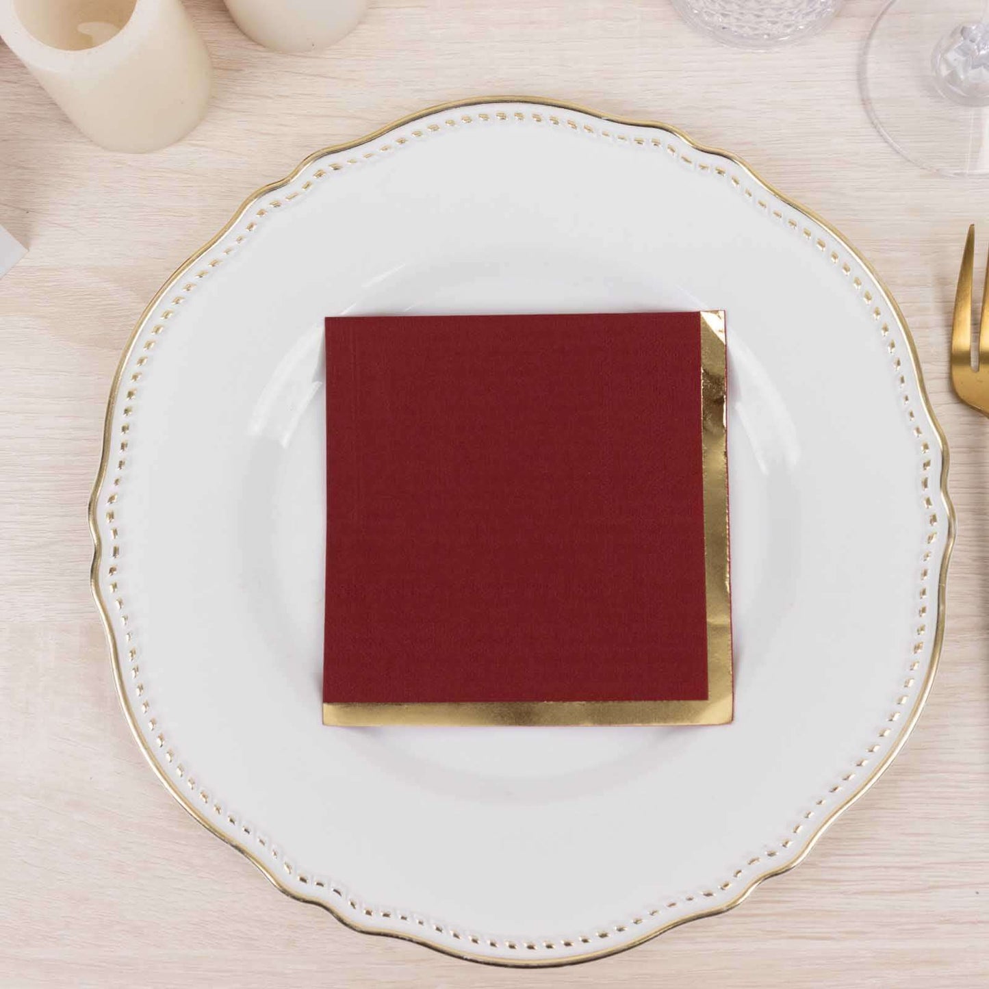 50-Pack Paper Beverage Napkins Burgundy with Gold Foil Edge - 2 Ply Disposable Soft 18GSM Cocktail Napkins 5"x5"