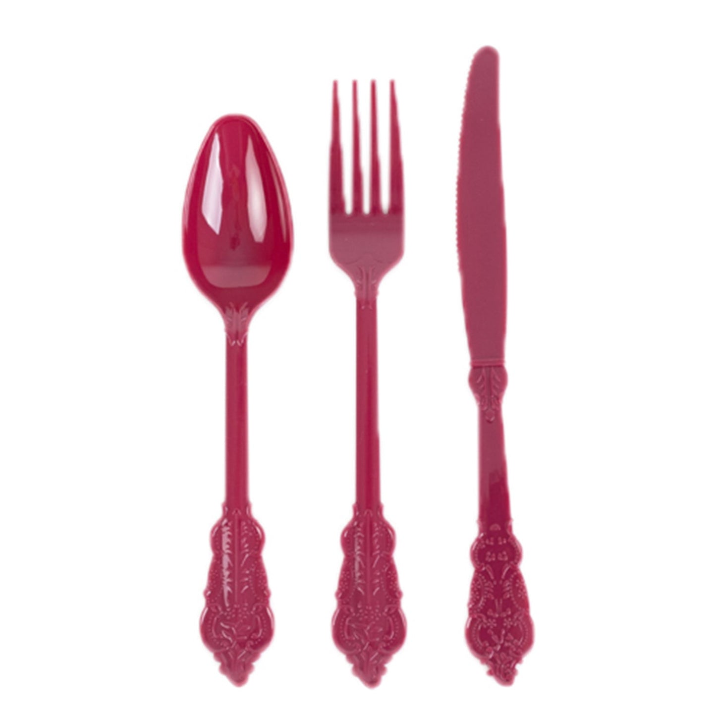 72 Pcs Plastic Silverware Set in Baroque Style Burgundy - Heavy Duty Disposable Knife, Fork, and Spoon Set