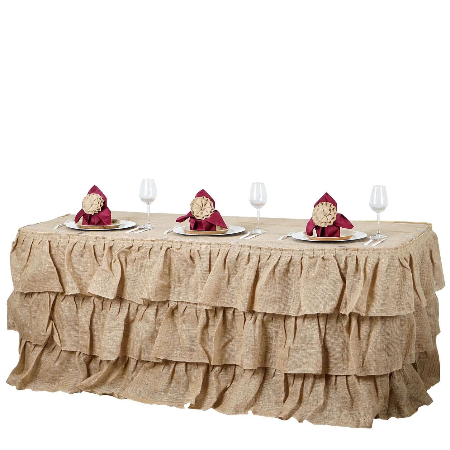Burlap 14ft Table Skirt Natural 3 Tier Ruffled Design for Rustic Weddings & Country Events - Linen Luxes