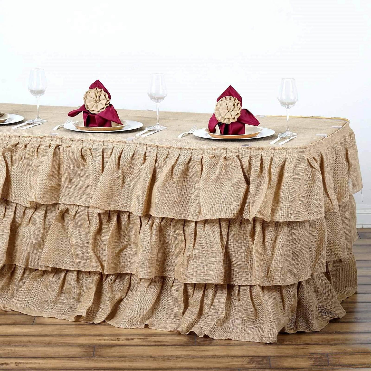 Burlap 14ft Table Skirt Natural 3 Tier Ruffled Design for Rustic Weddings & Country Events - Linen Luxes
