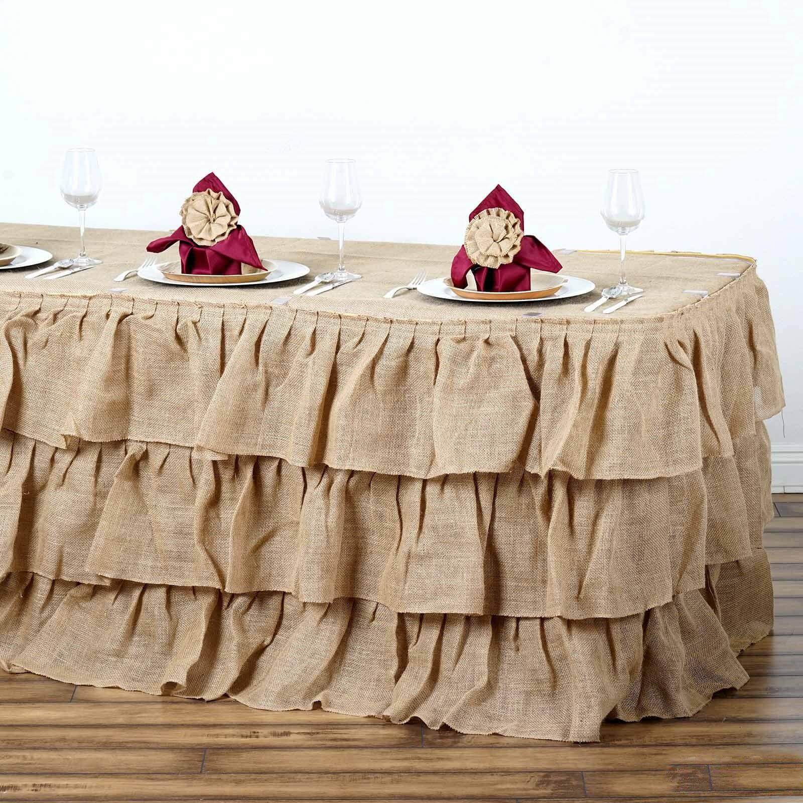 Burlap 14ft Table Skirt Natural 3 Tier Ruffled Design for Rustic Weddings & Country Events - Linen Luxes