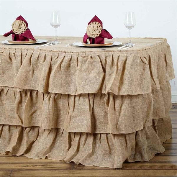 Burlap 17ft Table Skirt Natural 3 Tier Ruffled Design for Rustic Weddings & Country Events - Linen Luxes