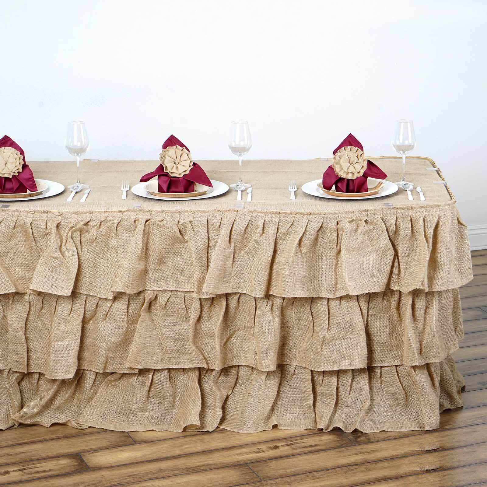 Burlap 17ft Table Skirt Natural 3 Tier Ruffled Design for Rustic Weddings & Country Events - Linen Luxes