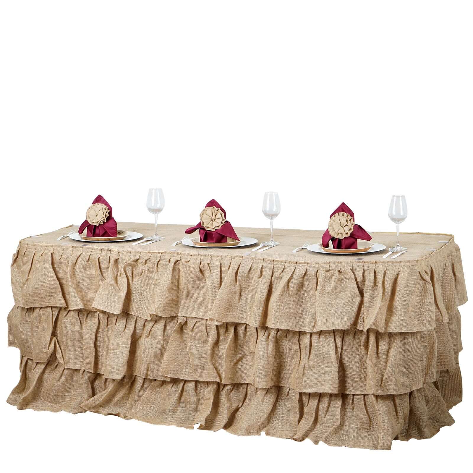 Burlap 17ft Table Skirt Natural 3 Tier Ruffled Design for Rustic Weddings & Country Events - Linen Luxes