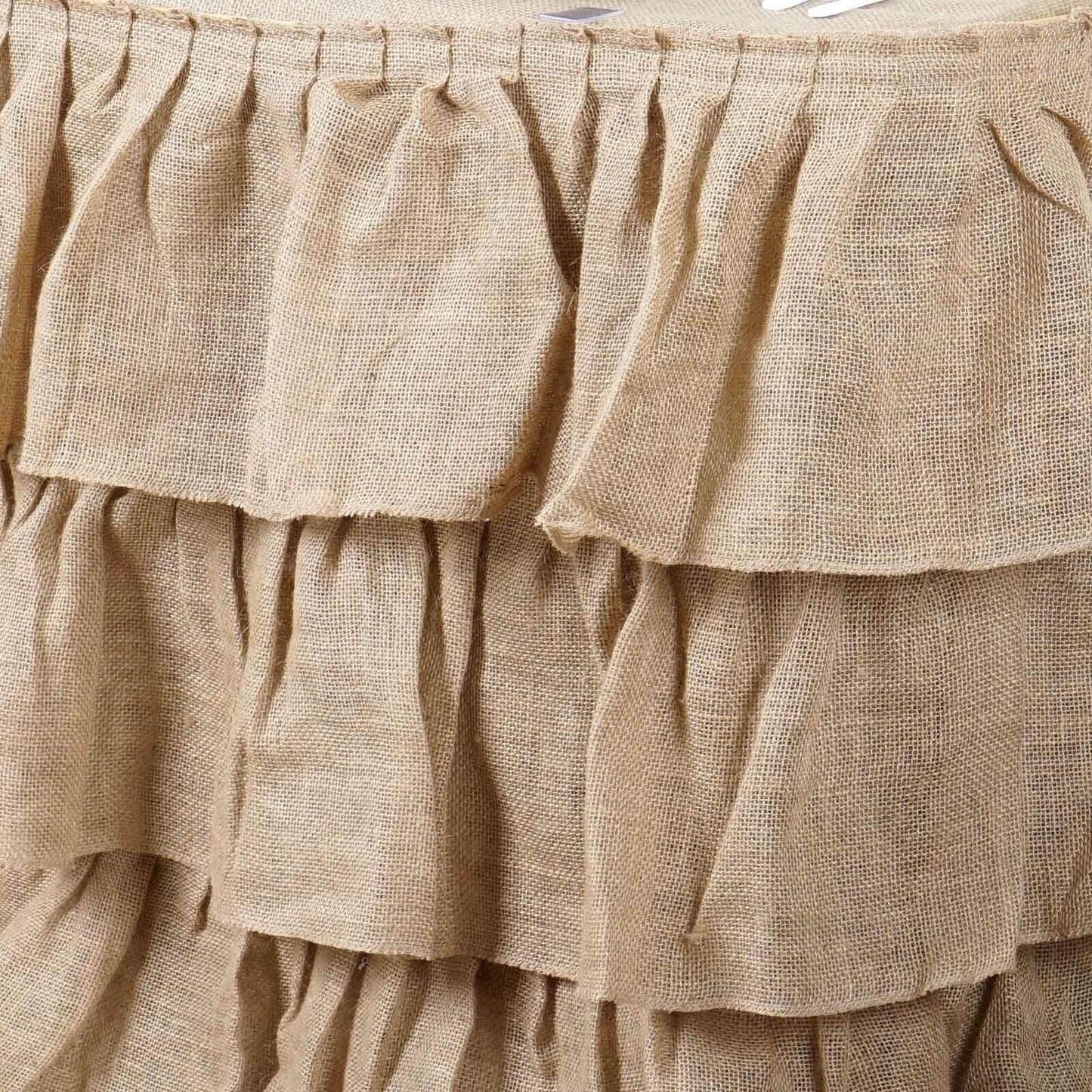 Burlap 21ft Table Skirt Natural 3 Tier Ruffled Design for Rustic Weddings & Country Events - Linen Luxes