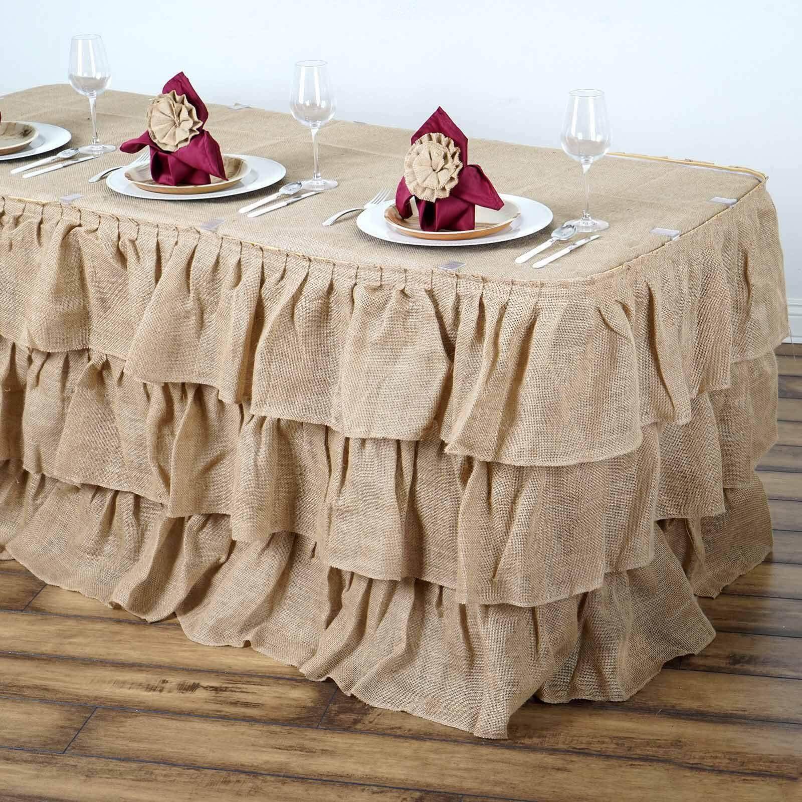 Burlap 21ft Table Skirt Natural 3 Tier Ruffled Design for Rustic Weddings & Country Events - Linen Luxes