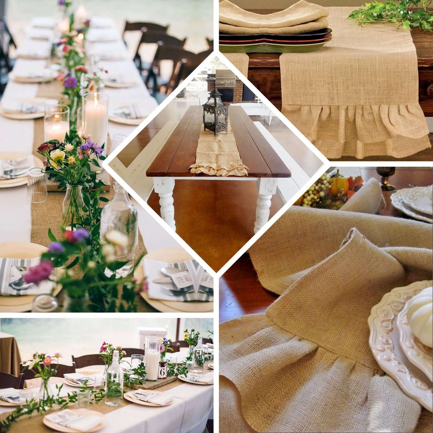 Burlap Jute 14"x108" Table Runner Natural with Ruffled Edges - Rustic Boho Chic Tabletop Decor - Linen Luxes