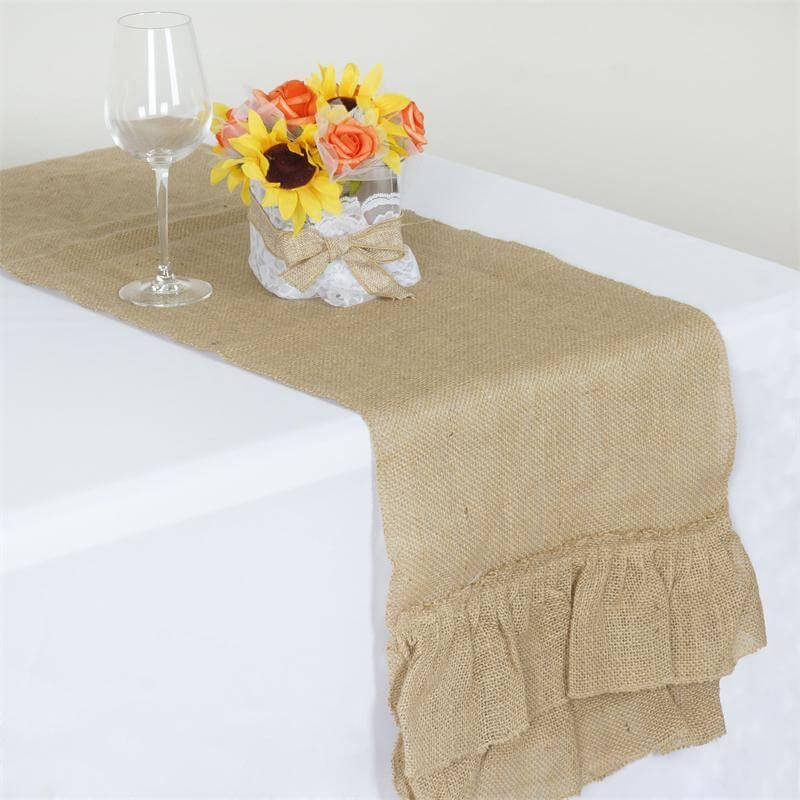 Burlap Jute 14"x108" Table Runner Natural with Ruffled Edges - Rustic Boho Chic Tabletop Decor - Linen Luxes