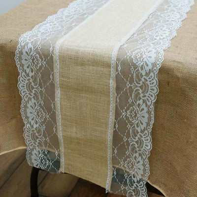 Burlap Jute 16"x108" Table Runner Natural With White Lace Edges - Rustic Vintage Tabletop Decor - Linen Luxes