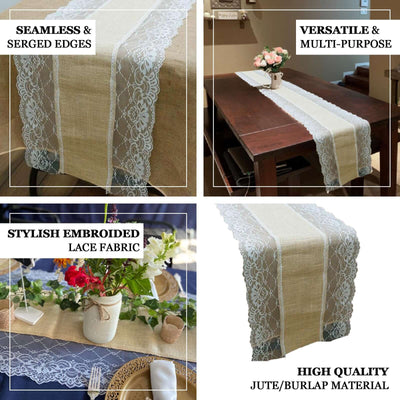 Burlap Jute 16"x108" Table Runner Natural With White Lace Edges - Rustic Vintage Tabletop Decor - Linen Luxes
