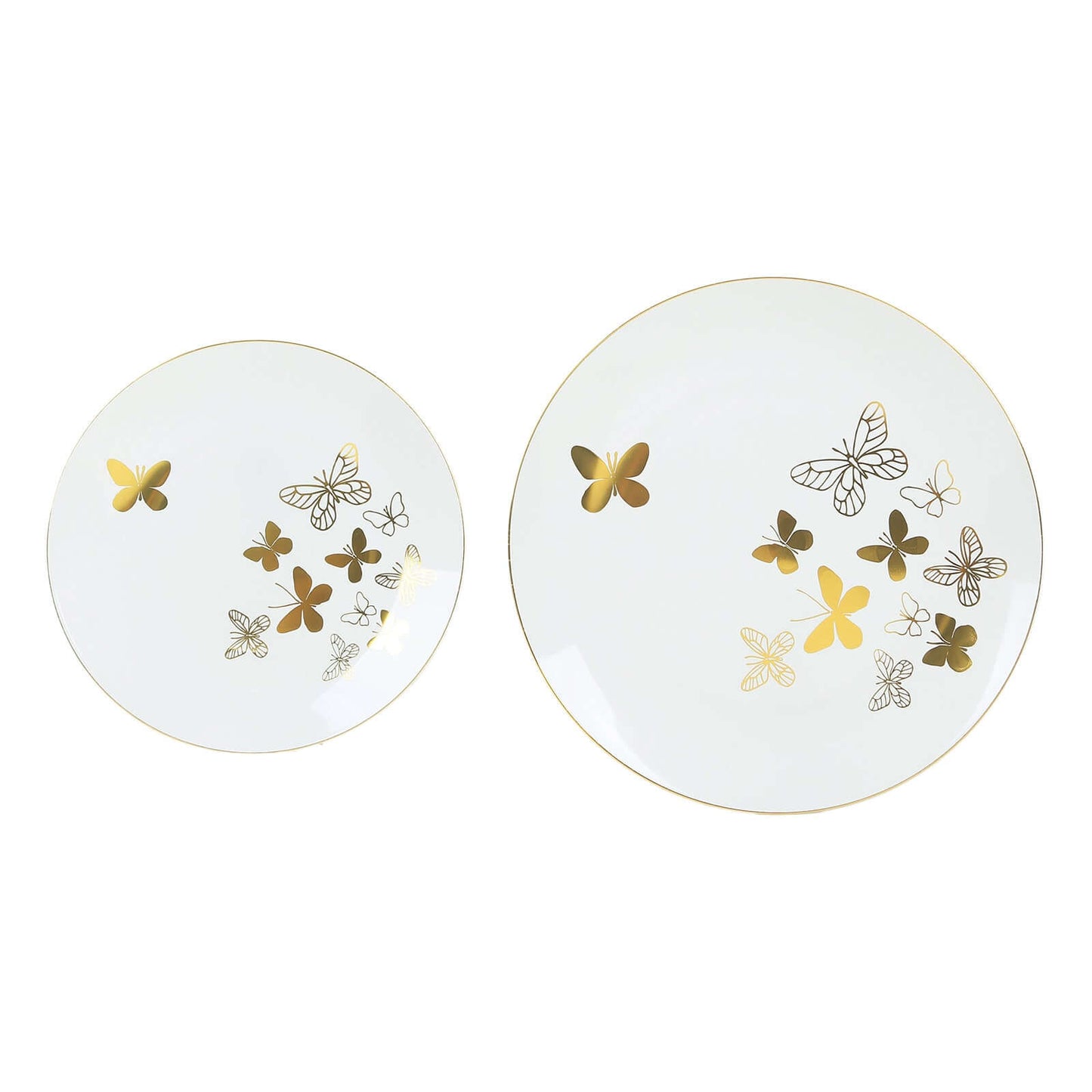 Set of 20 Plastic Round Dinner and Salad Plates in White with Gold Butterfly Design & Gold Rim - Stylish Disposable Dinnerware for Buffets & Catered Events 8", 10"