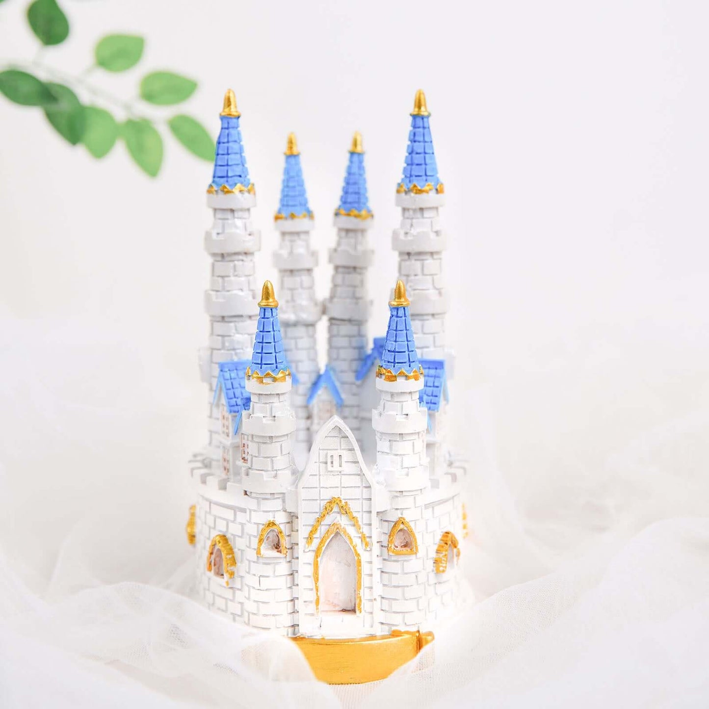 Cake Topper Figurine Fairytale Princess Castle Design Blue and White - Decoration for Baby Showers 8.5" - Linen Luxes