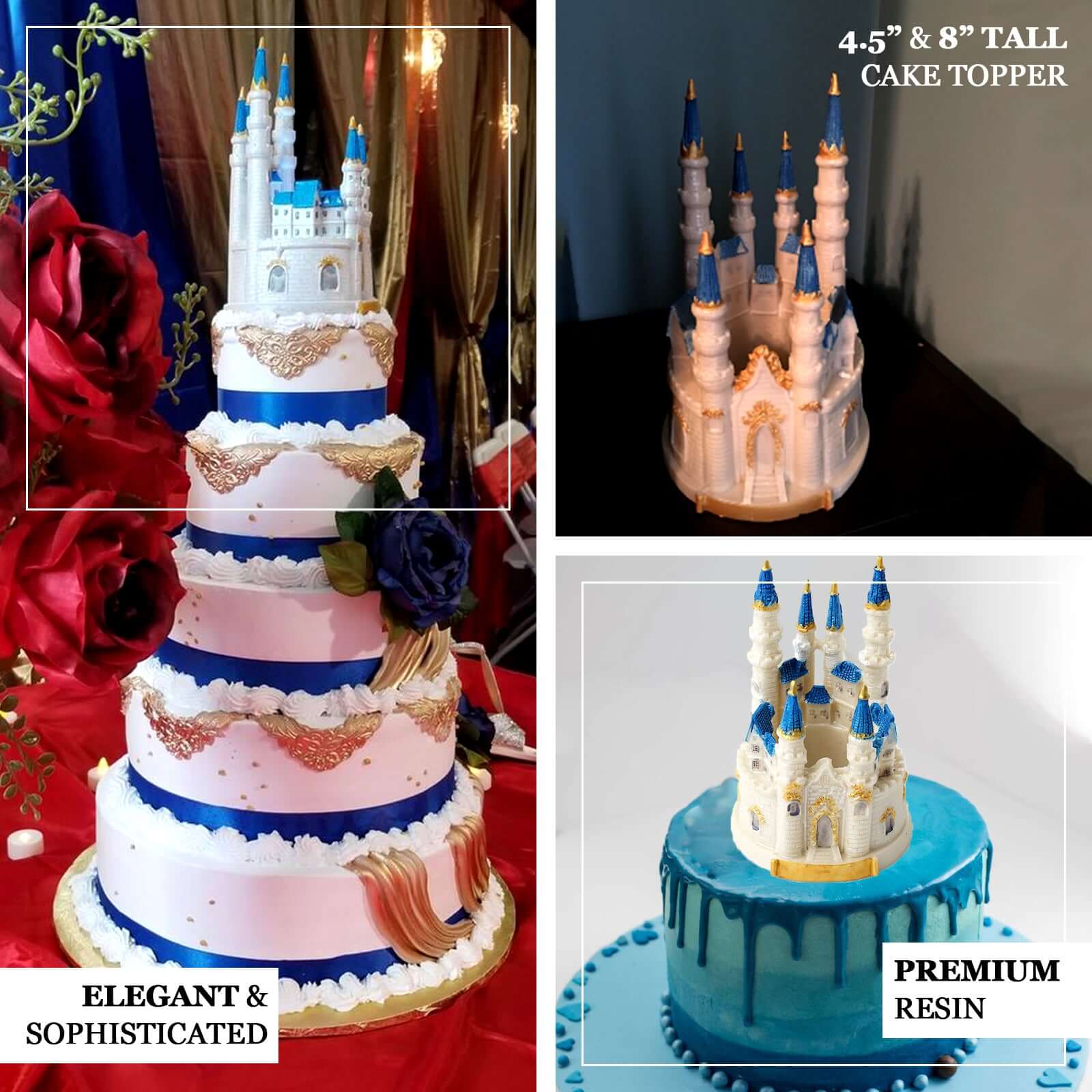 Cake Topper Figurine Fairytale Princess Castle Design Blue and White - Decoration for Baby Showers 8.5" - Linen Luxes