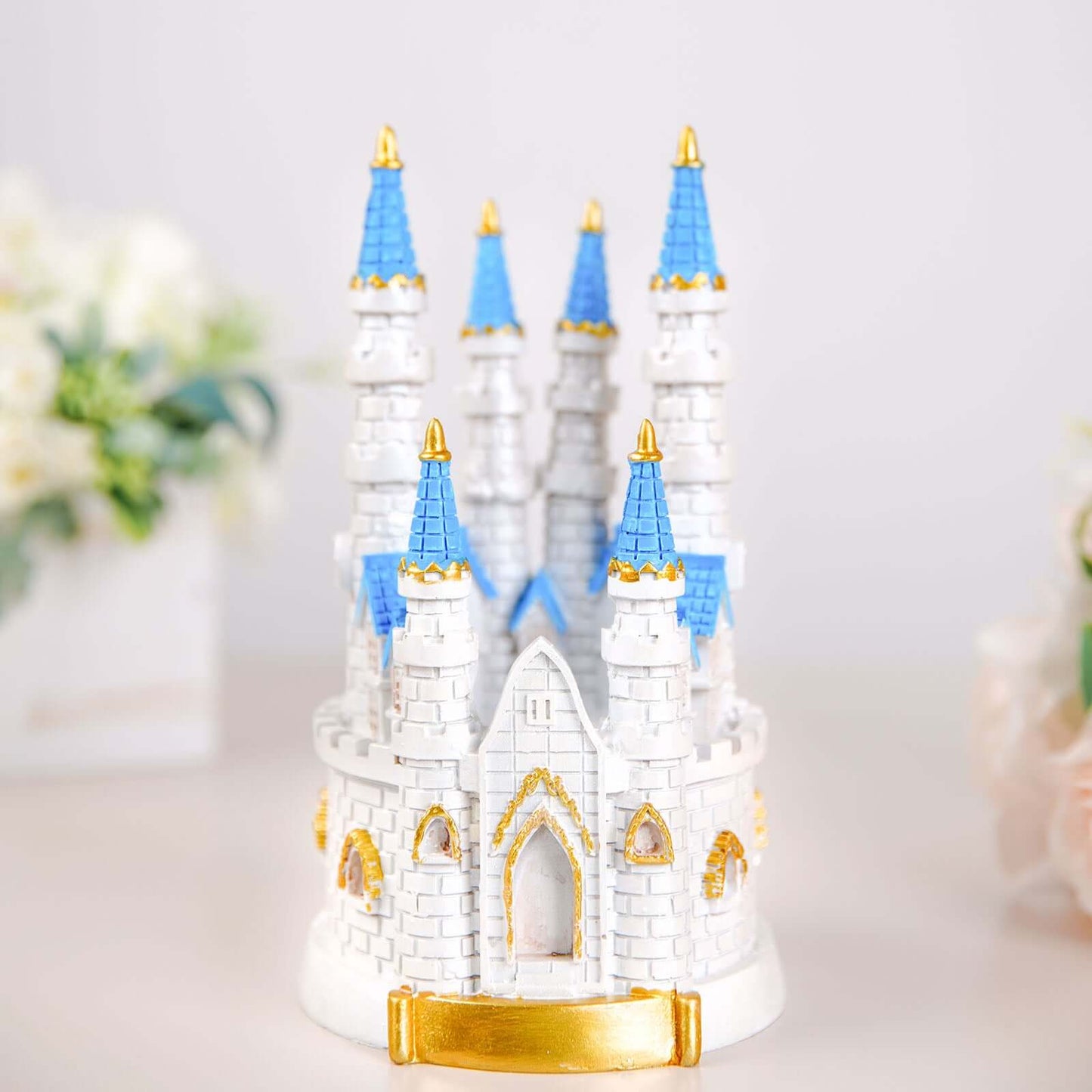 Cake Topper Figurine Fairytale Princess Castle Design Blue and White - Decoration for Baby Showers 8.5" - Linen Luxes